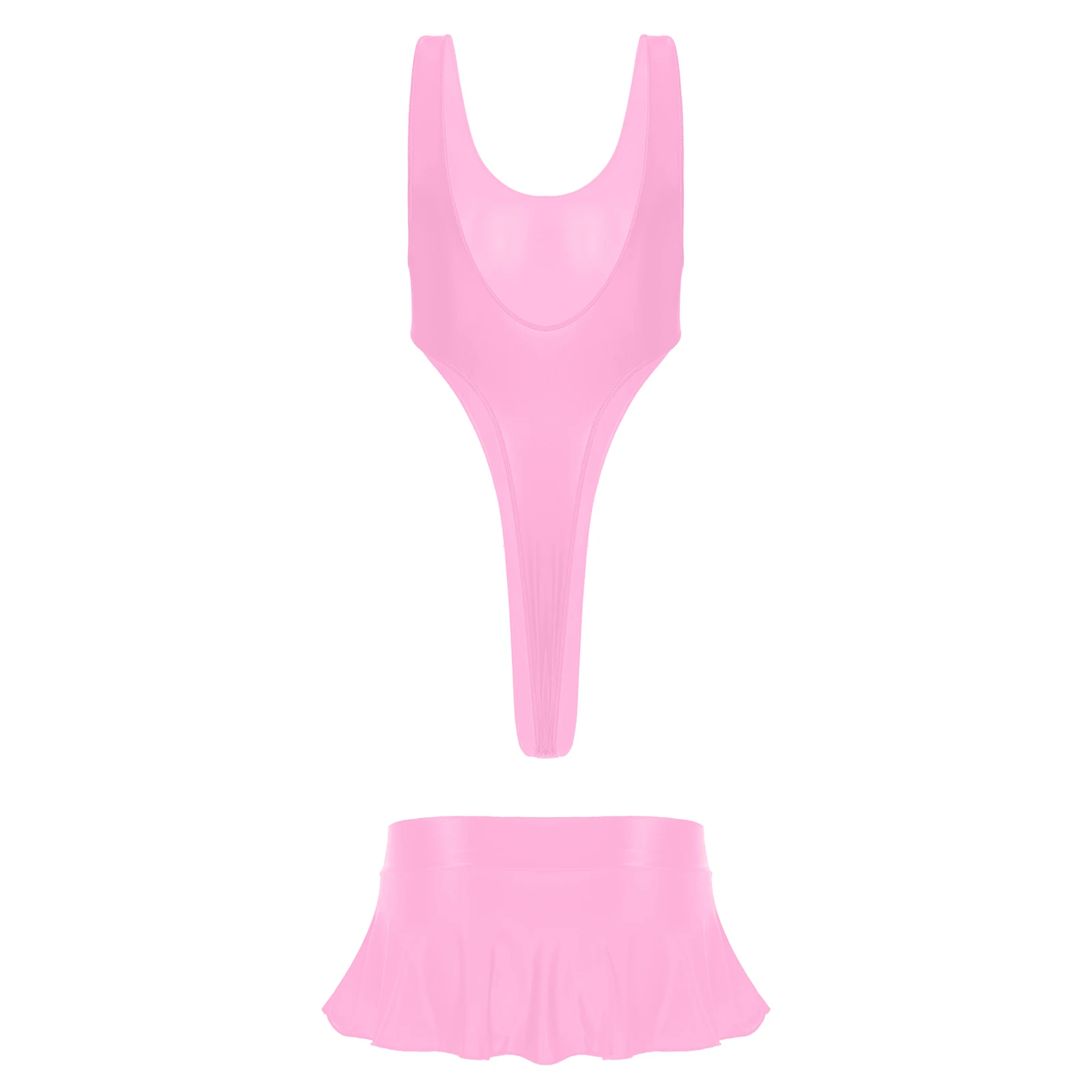 Costume da bagno donna in due pezzi costumi da bagno Pool Party Beachwear tuta lucida senza schienale con gonna arruffata minigonna