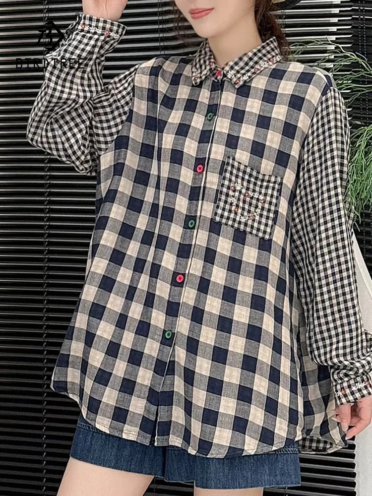

New 2025 Autumn Cotton Long Sleeve Shirt, Women Turn-down Collar Plaid Patchwork, Mori Girl French Retro Loose Blouse T59121CC