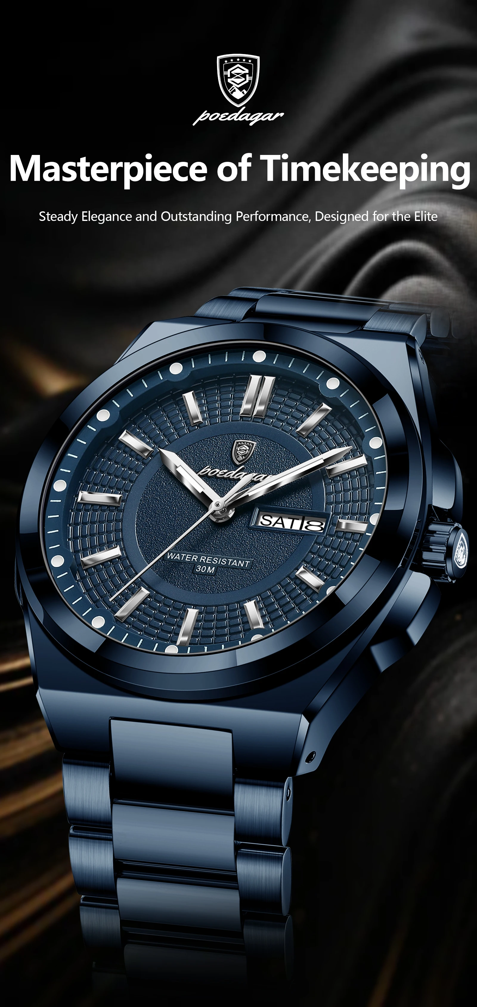 POEDAGAR Top Business Herren Armbanduhr Edelstahl Wasserdicht Leuchtend Casual Mann Uhr Datum Woche Stilvolle Herren Quarzuhren – Detail 2