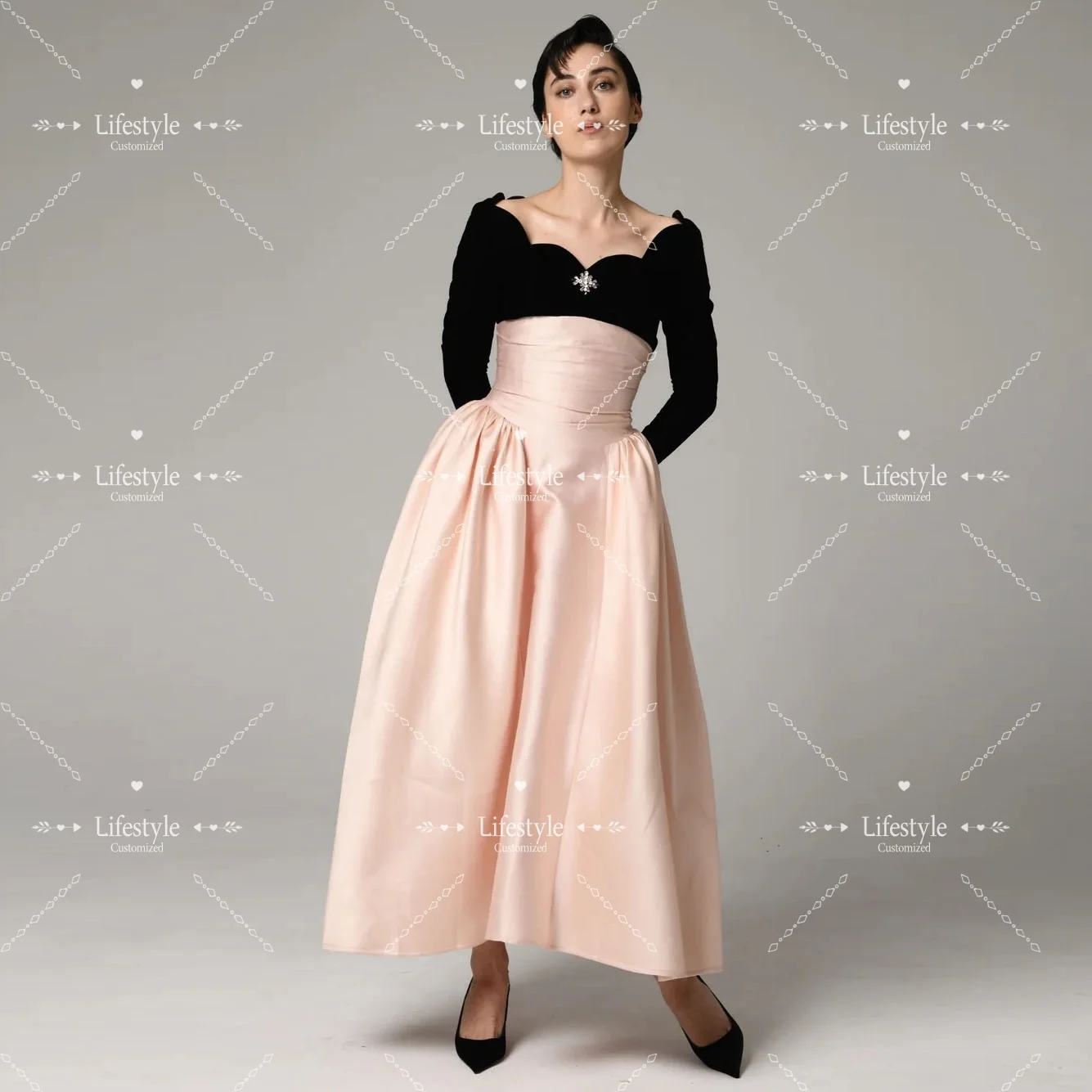 

Customized Fluted Collar Long Sleeves Beads Luxury Women's Evening Dresses Draped Midi Formal Gown Elegant Party Dresses