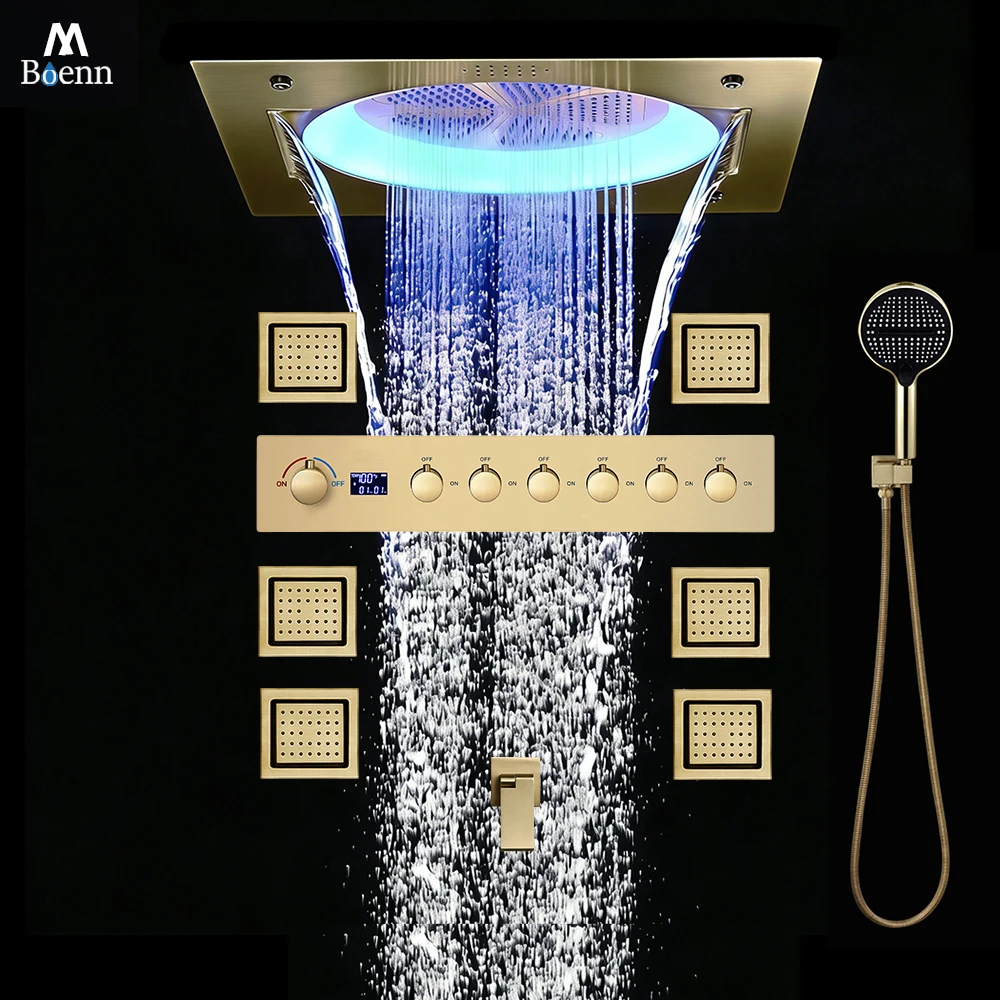 

M Boenn 6 Functions Smart Shower System Set Bathroom Faucets Hot and Cold Mixer Brass Ceiling Black Shower Head Rainfall Panels