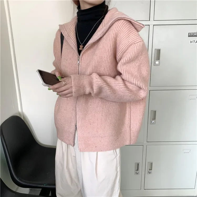 Womens Zip Up Long Sleeve Open Front Knit Cardigan Sweater Coats Female Knitwear Jackets