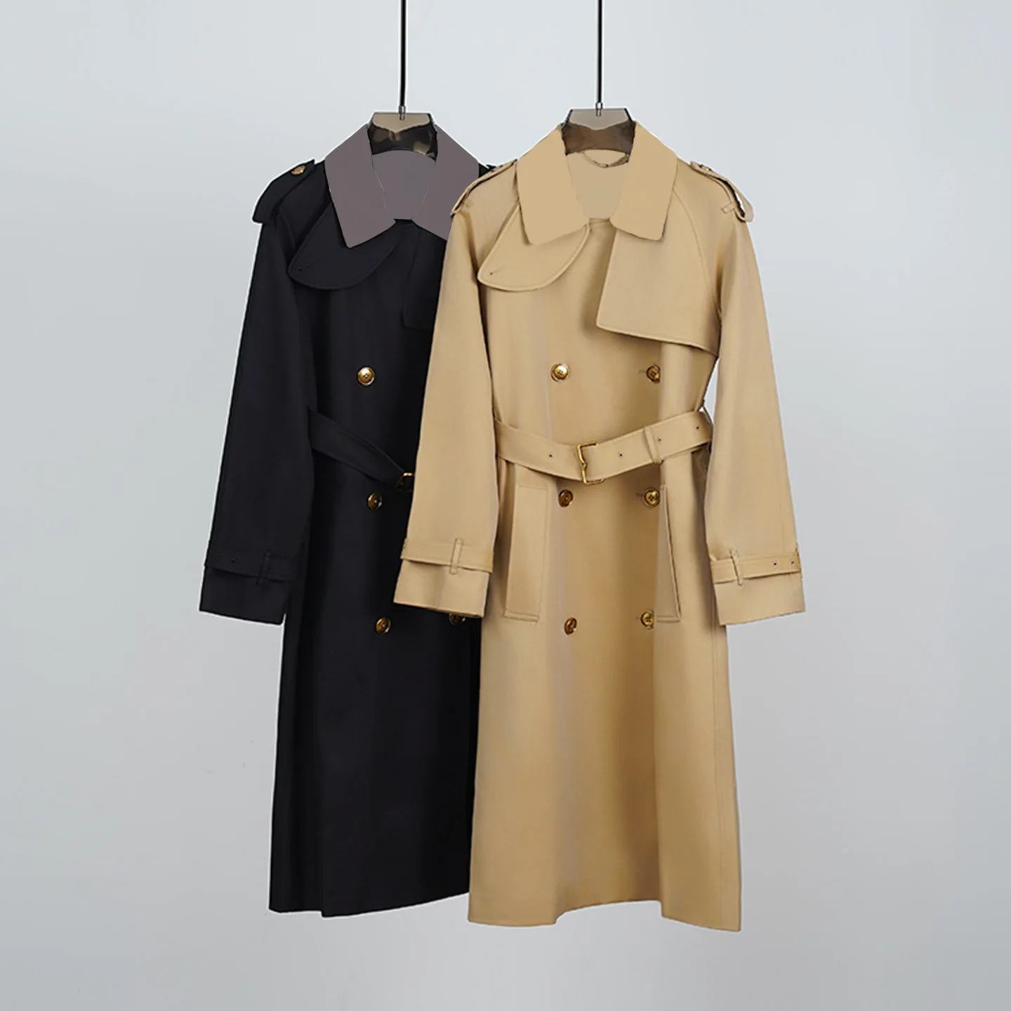 

Classic Double-Breasted Long Trench Coat For Women In Pure Cotton Patchwork Check Pattern