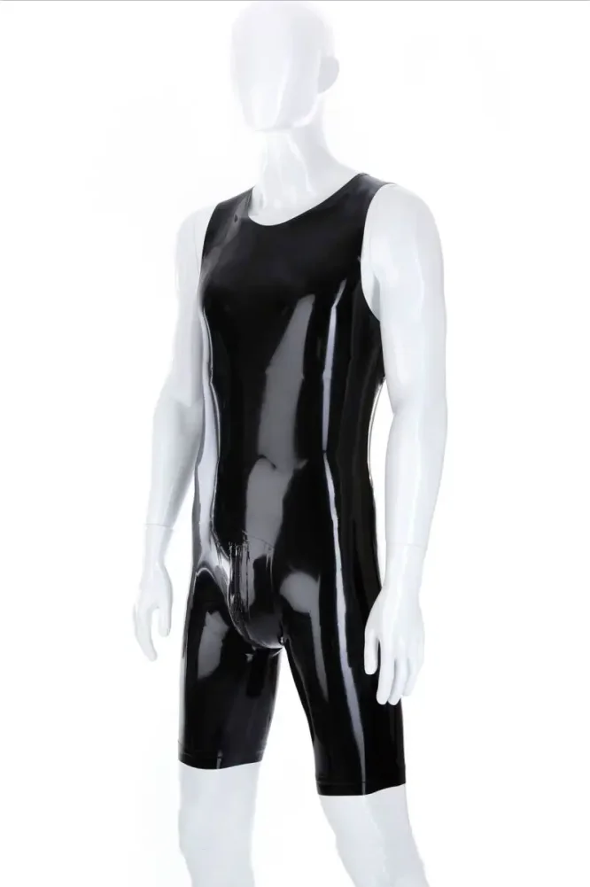 

Men's Sleeveless Latex Catsuit Sexy Rubber Bodysuits O-neck Jumpsuit with Crotch Zip Tight Half Pants Athletic Wear for Fetish