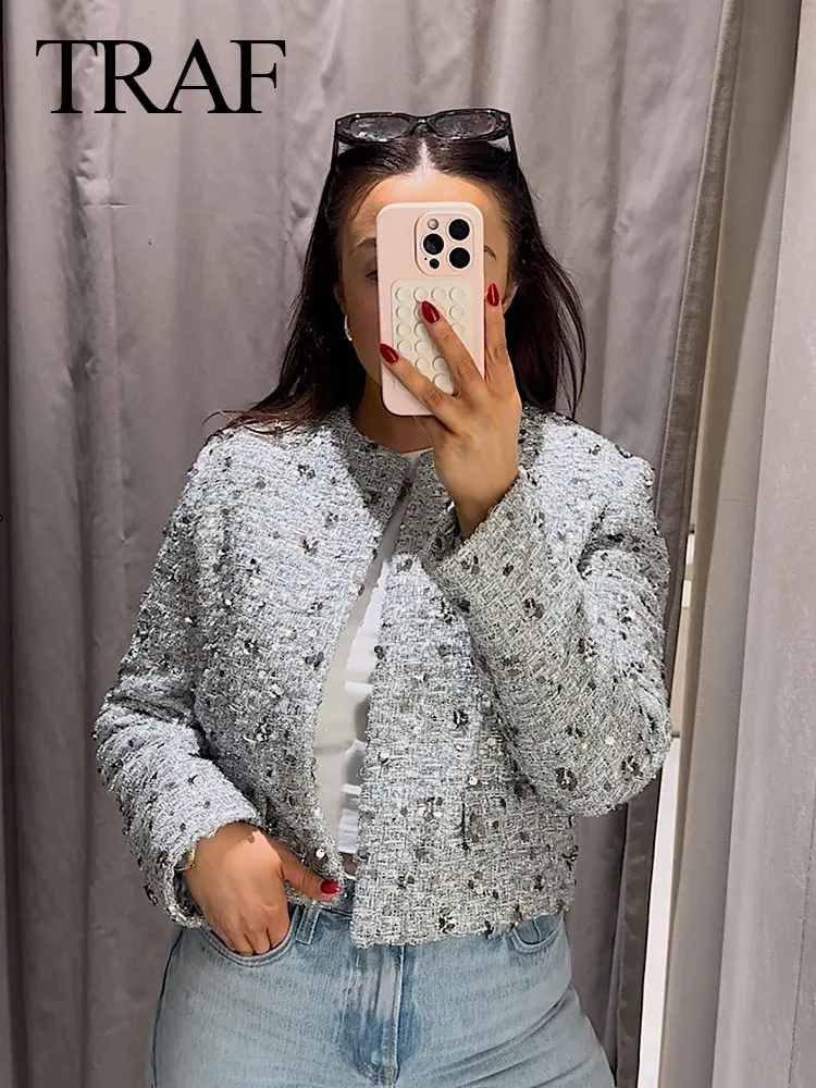 TRAF Woman\'s Fashion Spring Chic Short Coats Silver O-Neck Long Sleeves Fake Pocket Sequins Decoration Female Streetwear Jackets