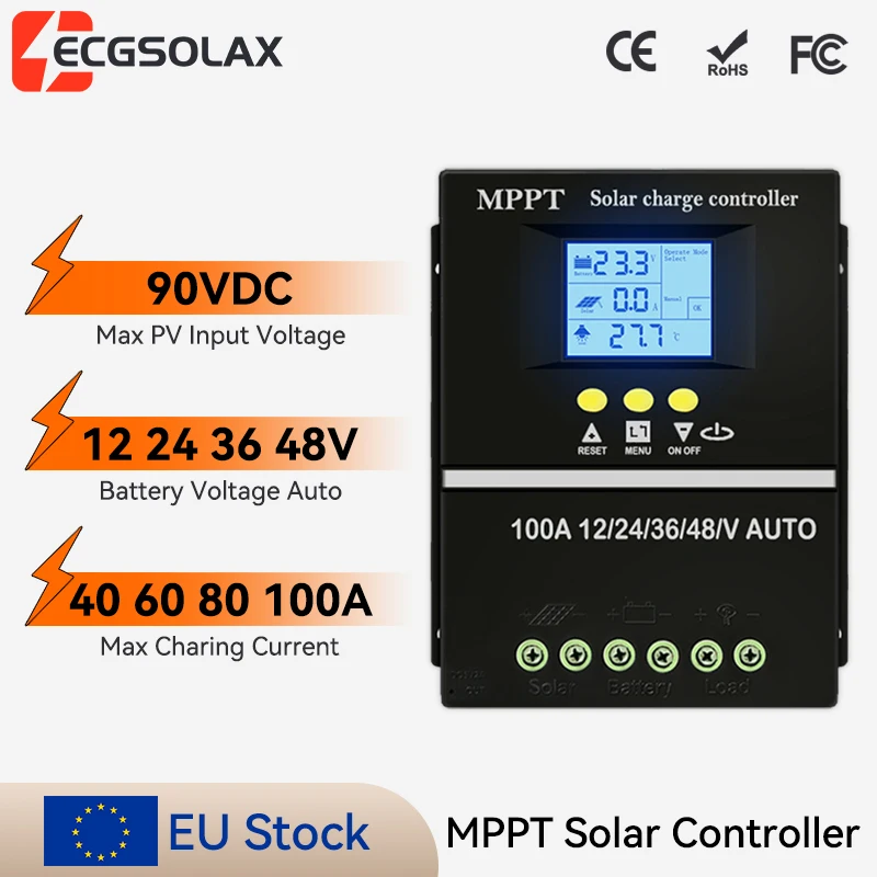 Controlador de Carga Solar MPPT ECGSOLAX 100A 40A 60A 80A 12V 24V 36V 48V con Doble USB, Regulador de Panel Solar