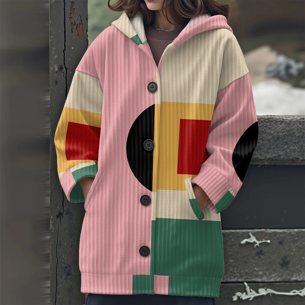 2025 New Women's Long Sleeve Hooded Sweater Casual Stylish Printing Knit Tunic Top Oversize Retro Pullover Streetwear