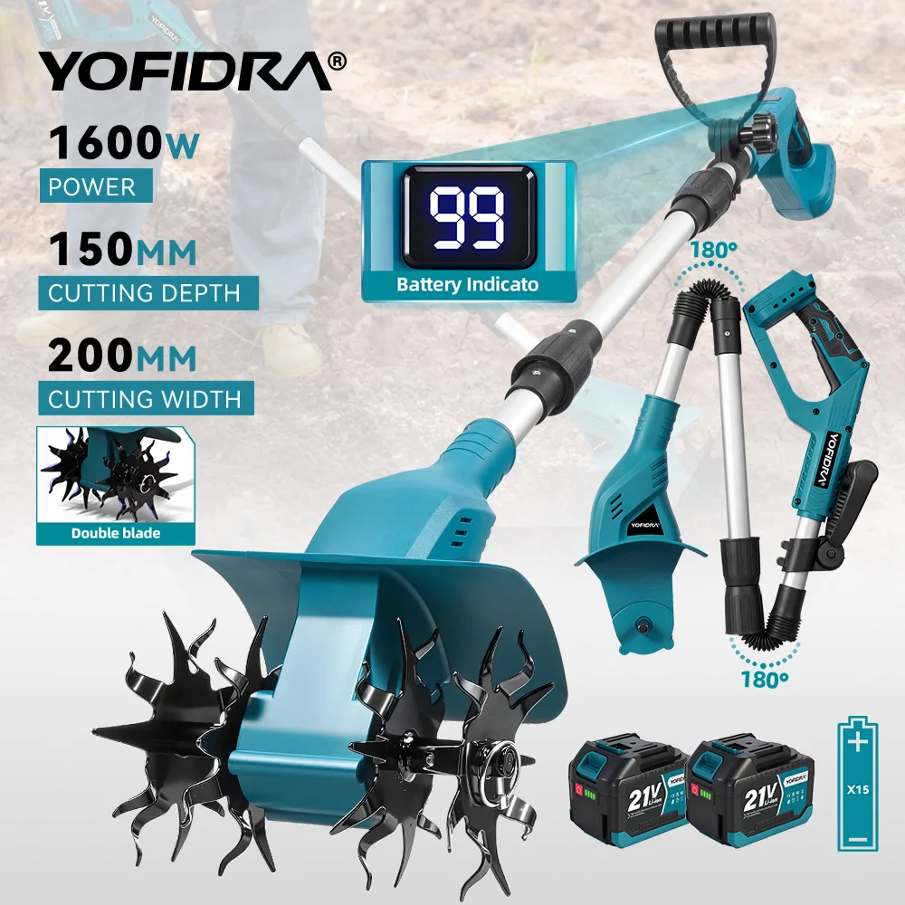 YOFIDRA Coltivatore Rotativo Elettrico 1600W, Trimmer per Erba Portatile 200MM, Attrezzo per la Lavorazione del Terreno e il Taglio del Prato, Compatibile con Batteria Makita