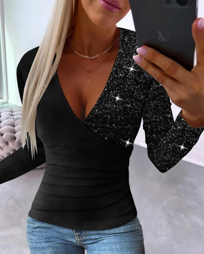 Women\'s V-Neck Sequin T-Shirt 2024 Spring Ruched Contrast Sequin Long Sleeved Overlap Top Fashion Slim Fit Crisis Cross Top