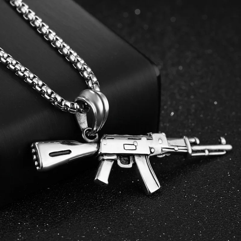 

Fashion Cool Mens AK47 Assault Rifle Pendant & Necklace European Hip Hop Jewelry 316L Stainless Steel Gold Color Chain for Men