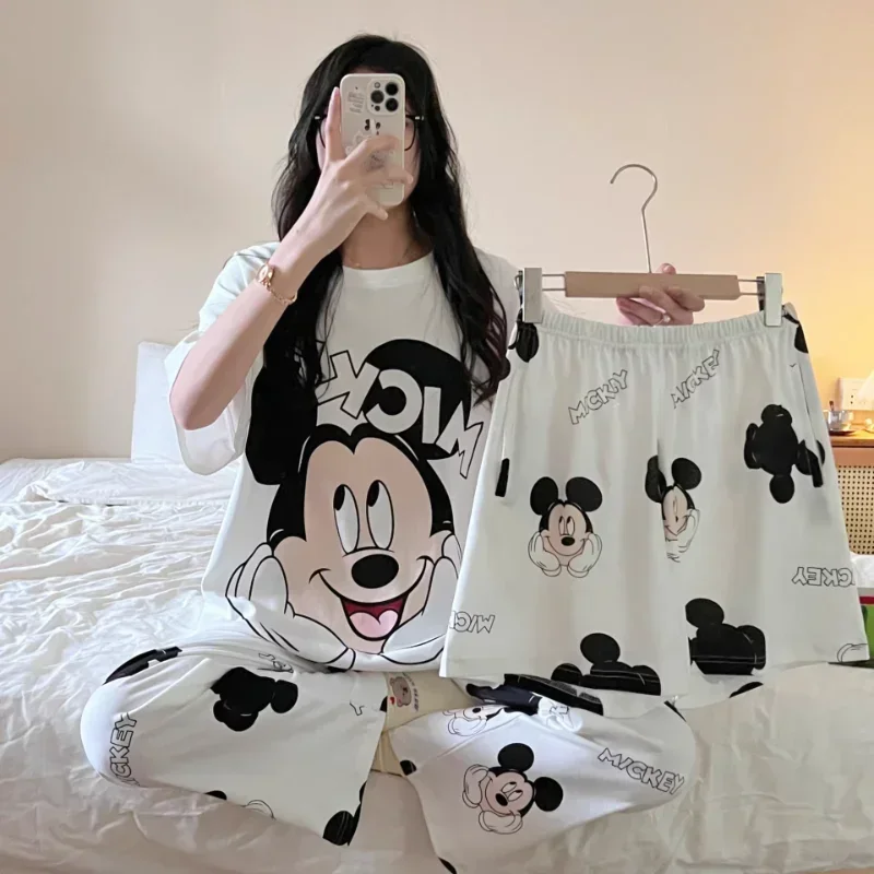 Disney Mickey Mouse Autumn Cotton Three-piece Women\'s Pajamas Silk Pajamas Women\'s Short Sleeve Crew Neck Pants Loungewear Set