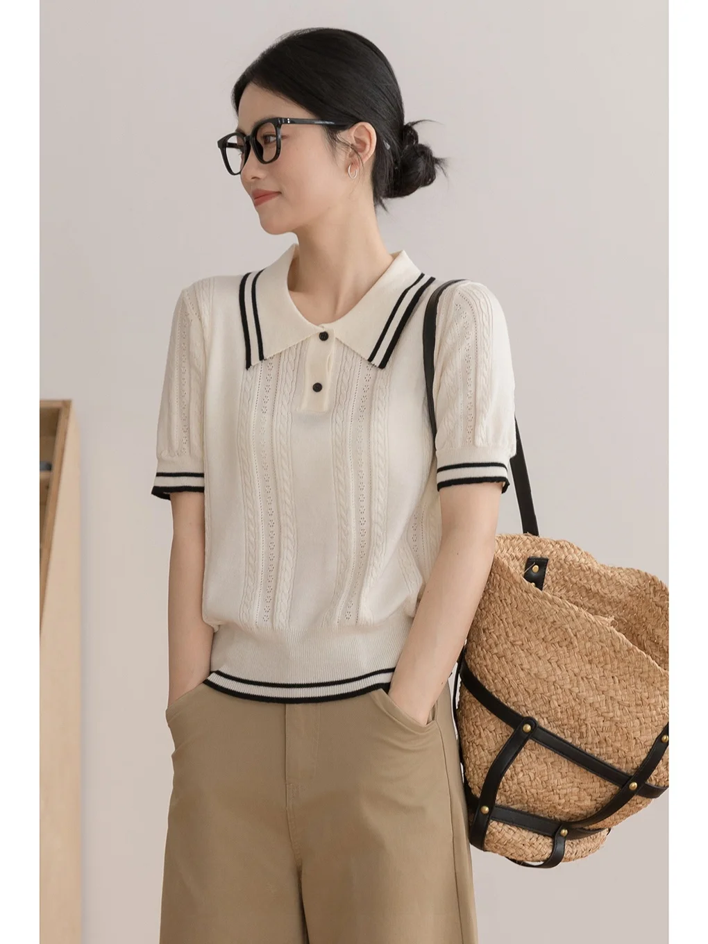 

Женский вязаный топ с коротким рукавом, весна-лето, тонкий, с вышивкой, ажурным воротником, бежевый