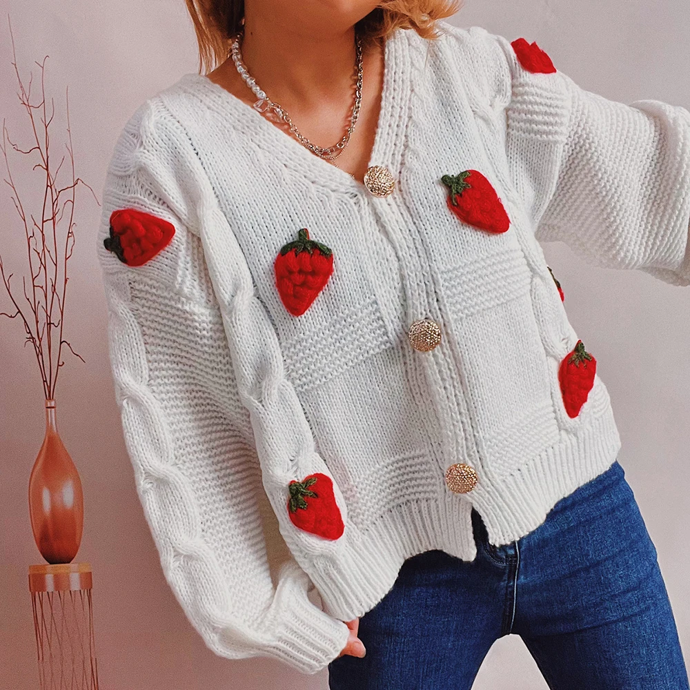 2024 Autumn Winter Women Long Sleeves Knitted Cardigan Harajuku Strawberry Print Loose Fitting Female Cardigan Sweater Outwear