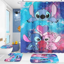 Four-piece Shower Curtain Set, Cute Stitch, Disney Style Starry Sky Background Bathroom Supplies, Waterproof and Mildew-proof