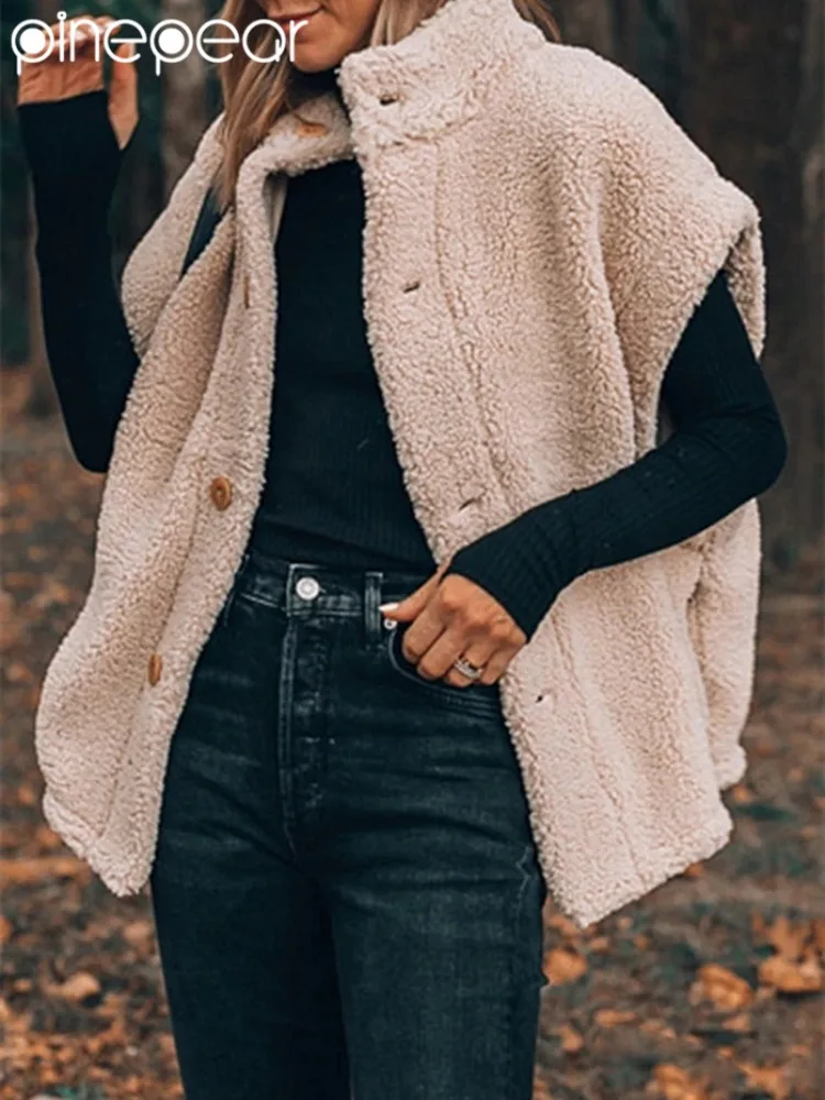 

PinePear 2025 Spring Autumn Womens Fuzzy Fleece Vest Casual Oversized Warm Button Down Sherpa Vest Jacket with Pockets