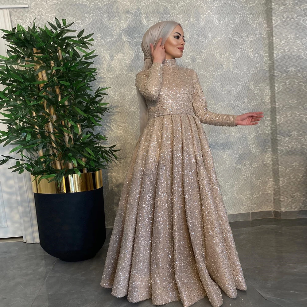 Glitter champagne High Neck Prom Dresses 2023 Long Sleeves Sequined Beads Evening Dress Formal Party Gowns A-Line فساتين السهرة