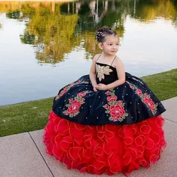 Mexicaanse Kids Mini Quinceanera Jurken Charro Baljurk Organza Appliques Bloemenmeisje Jurken Voor Bruiloften Optocht Jurken Baby