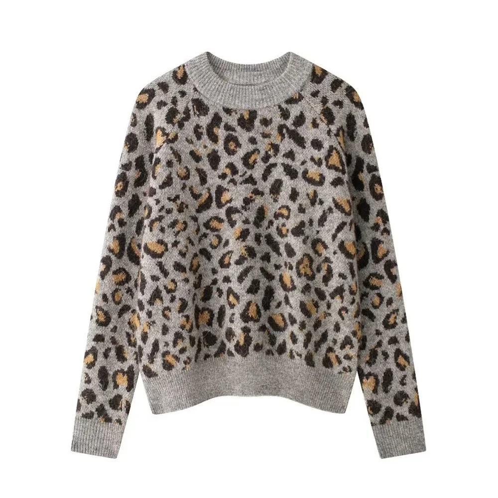 2025 herbst Neue frauen Faul Stil Lose Leopard Muster Tier Muster Rundhals Gestrickte Pullover