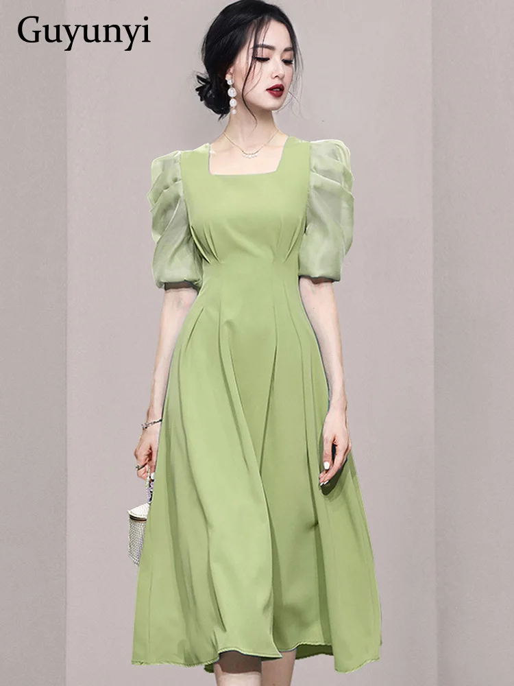 French Elegant Party Dress Summer Simple Solid Square Neck Puff Sleeves High Waist Hem A-Line Classic Vintage Dress Women