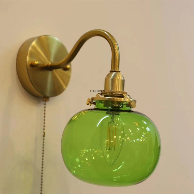 Japan Style Retro Bend The Arm Glass Wall Lamp With Pull Switch Bedroom Bedside Reading Lighting E14 LED Small Night Light