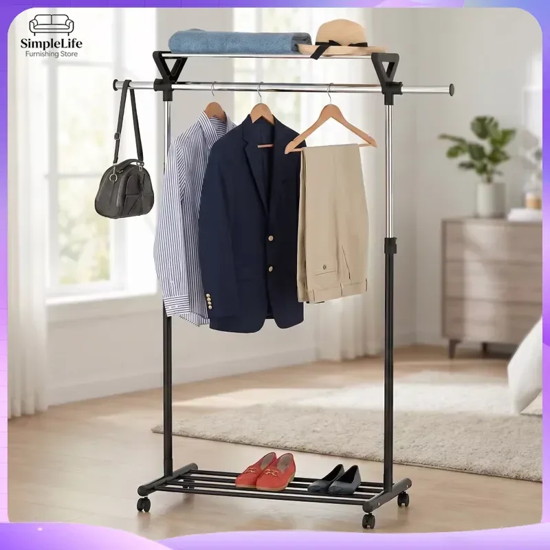 Modern Freestanding Steel Coat Rack with Hat Hooks Bedroom Storage Organizer Heavy Duty Metal Garment Stand Entryway Hall