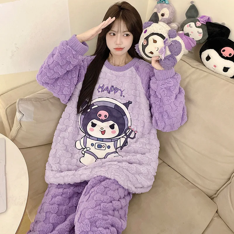 

Пижамный комплект Kuromi из 2 предметов с героями мультфильмов Kawaii Sanrio, аниме, женская плюшевая домашняя одежда, зимние утепленные брюки с длинными рукавами, милые теплые штаны для девочек