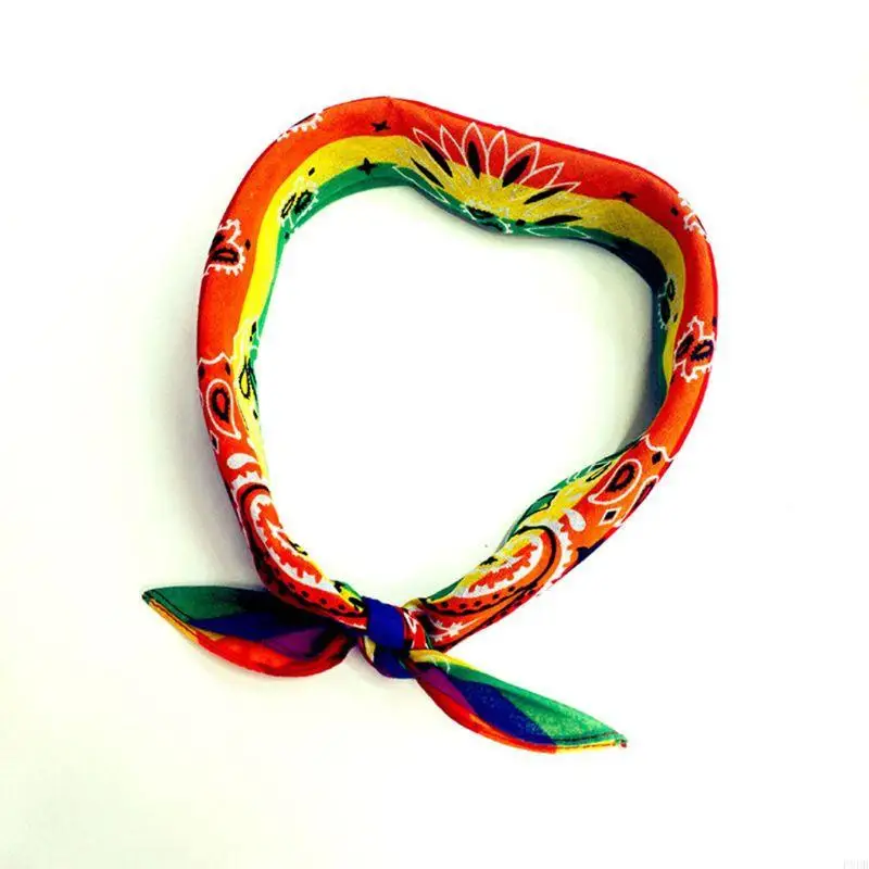 P8DB Cotton Bandana Rainbow Stripe Paisley Hair Band Wrap Sqaure Scarf Mask Wristband