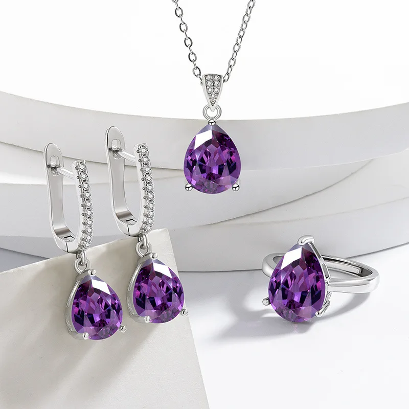 

Women's 3 - Piece Purple Zircon Set, Teardrop Design, Diamond - Dusted, Silver Plating, Perfect for Banquet/Birthday Gifting