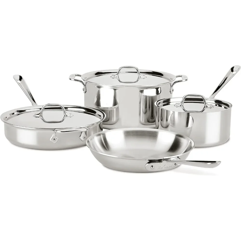 Stainless Steel Cookware Set 7 Piece Induction Oven Broiler Safe 600F Pots and Pans Silver