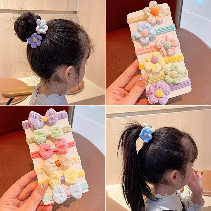 

6PCS Children Cute Bowknot Hair Rope Fashion Multicolor Flower Hairbands For Women Girls High Elastic Sweet Ponytail Hair Ring