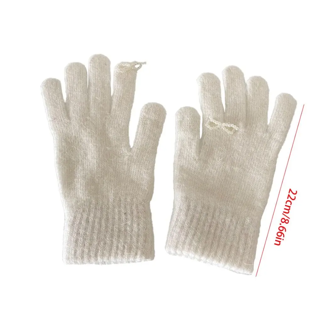 Guantes de punto con lazo de perlas para mujer, mitones de lana cálida, Color caramelo, Color sólido, pantalla táctil, Kawaii, Invierno