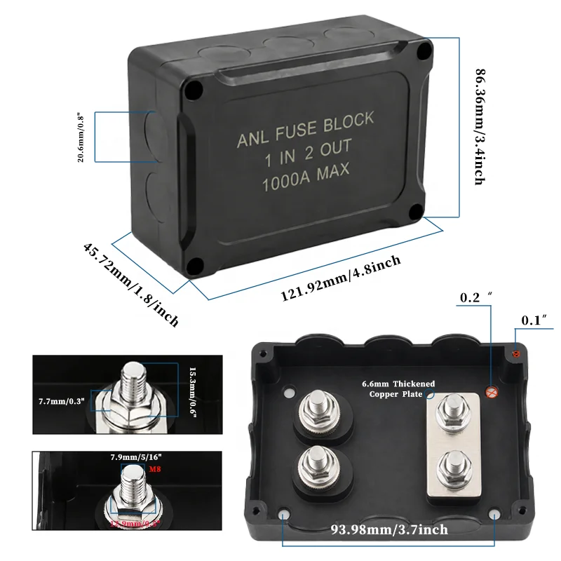 MAX1000A 1 2 Anl Fuse Block Waterproof Automotive Heavy Duty Copper Fuse Holder 35kA Breaking Capacity Sealed Box 4 X 5/16