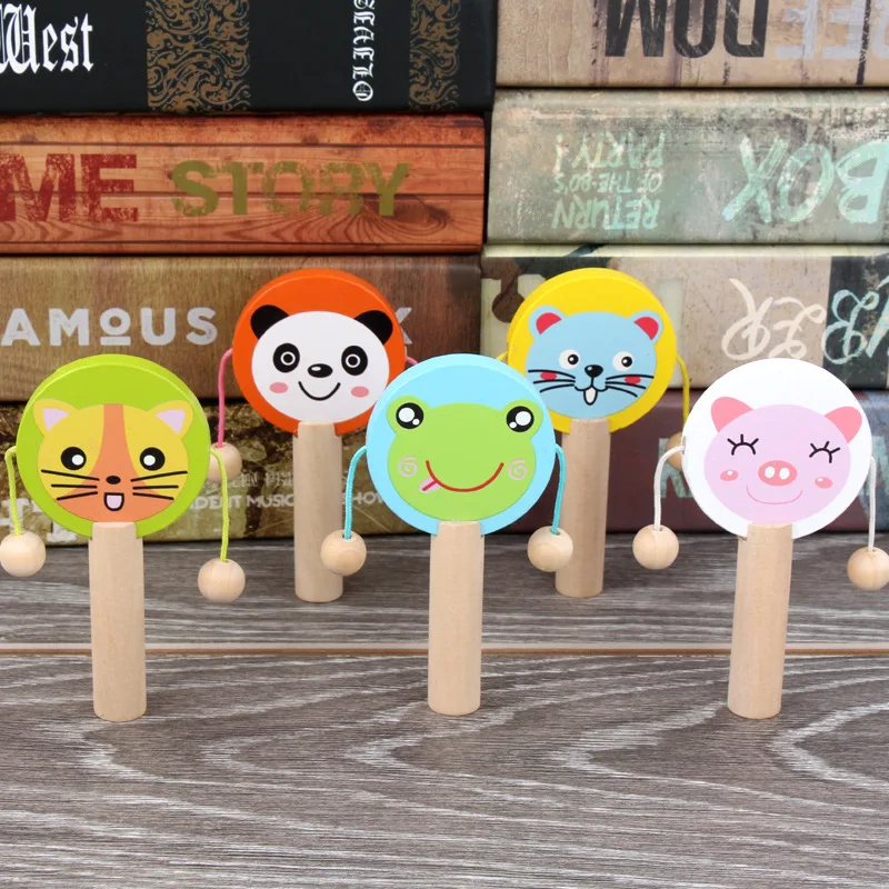 Kids Cartoon Wooden Music Toy Cartoon Rattle Traditional Toy Wooden Wave Drum for Baby Instrument Early Educational Toys