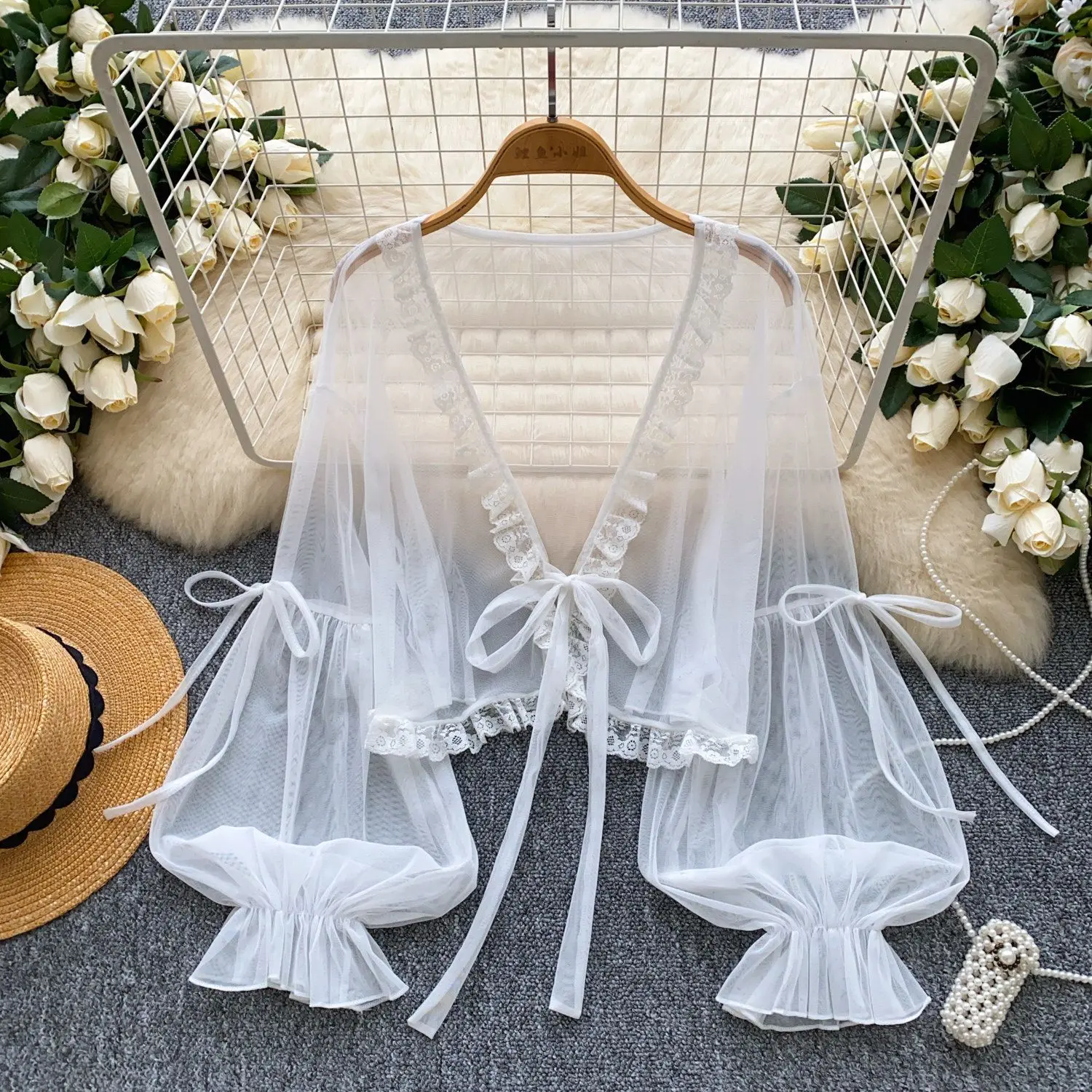

Lace-up Lace Splicing Lantern Sleeves Chiffon Jacket Women's Thin Perspective Shawl Sunscreen Shirt