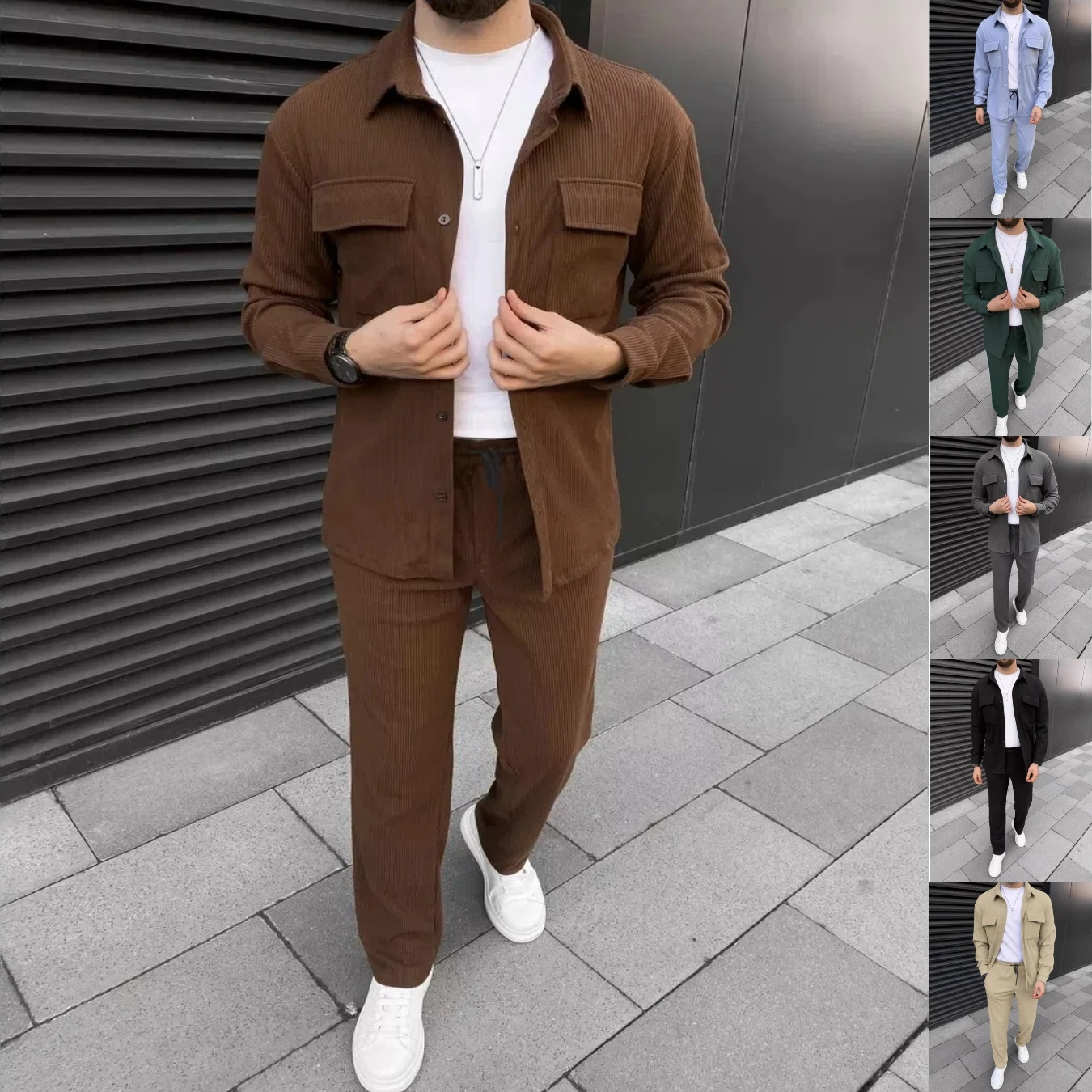 Spring and Autumn New Men's Casual Solid-Color Long-Sleeved Set, Multi-Pocket Long-Sleeved Shirt and Long Pants Two-Piece Set