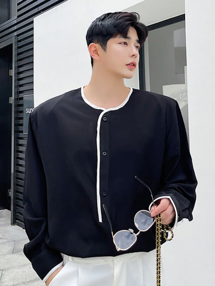 New 2022 Casual Chic Pullover Shirt Korean Style Personalized Collarless Tops For Men With Colorful Bright Line Decoration