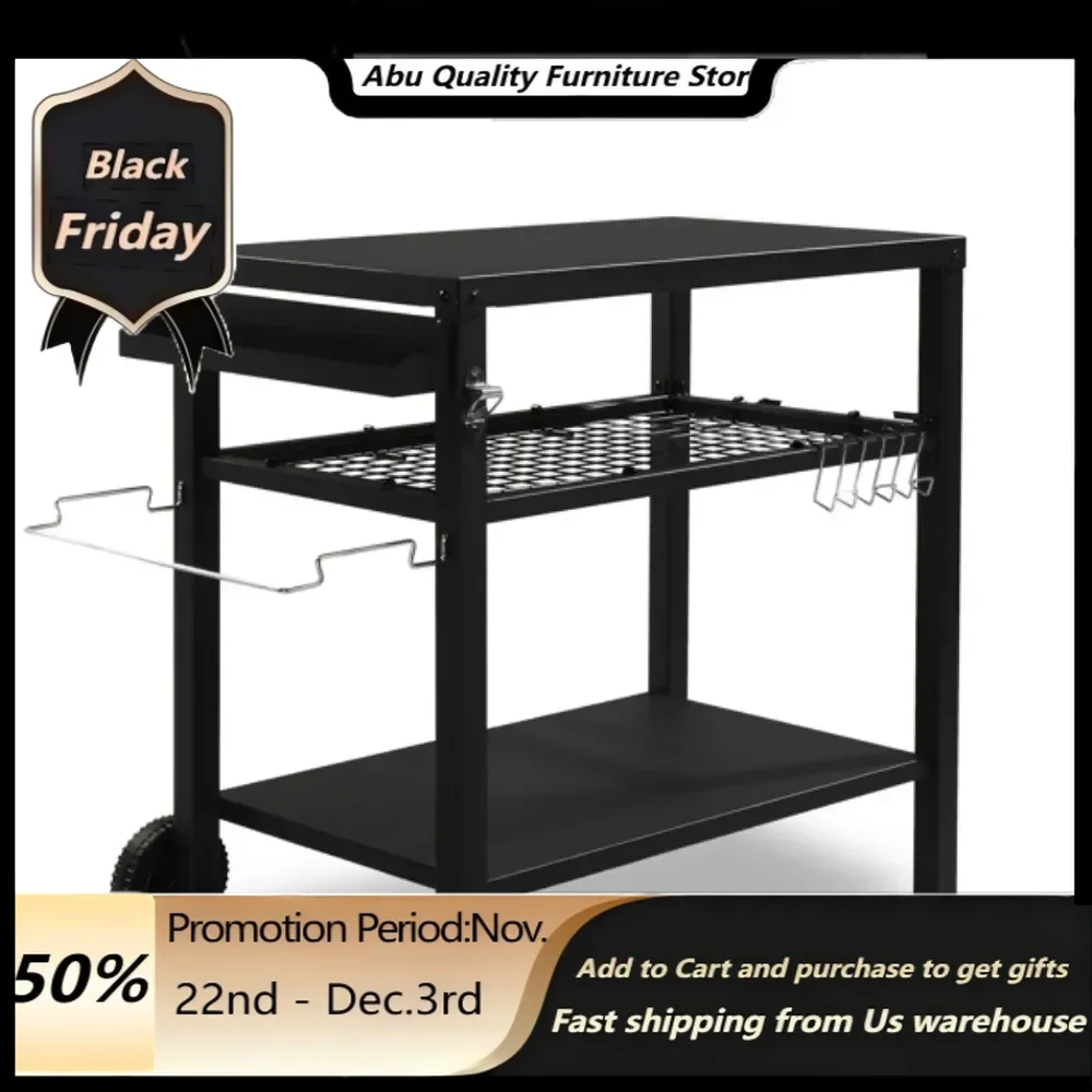 

Outdoor Grill Cart Three-Shelf Grill Table, Movable BBQ Trolley Food Prep Cart with Two Wheels & Hooks, Black BBQ Grills Cart