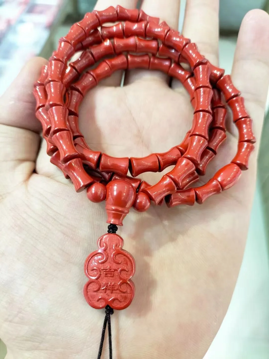 

Natural 100% real Red cinnabar jade carved bamboo beads Multi-loop bracelet sweater chain for woman men Gift necklace