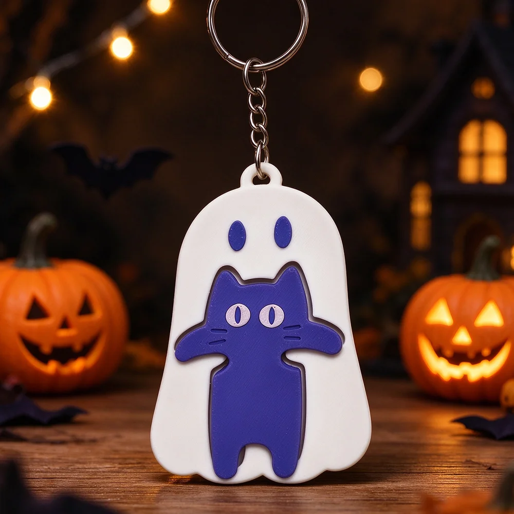 3D Printing Model Cute Ghost Purple Cat Key Cap Clicker Halloween Keycap Clicker Pendant Charm Anti-stress Finger Button