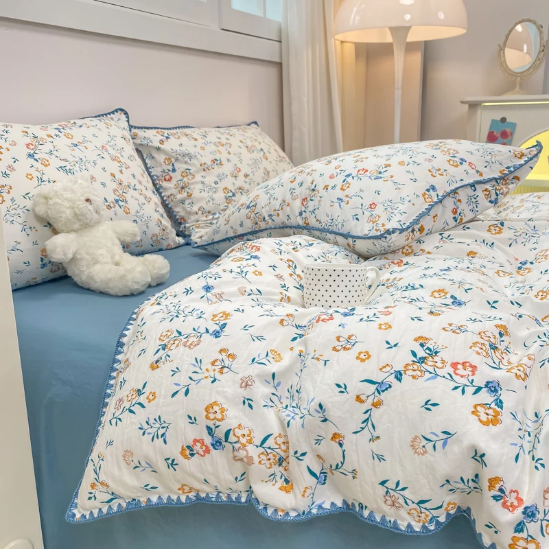 

Floral Blue Bedding Set No Filler Ins Style Duvet Cover Pillowcase Flat Sheet Single Twin Queen Size Couple Girls Bed Linens