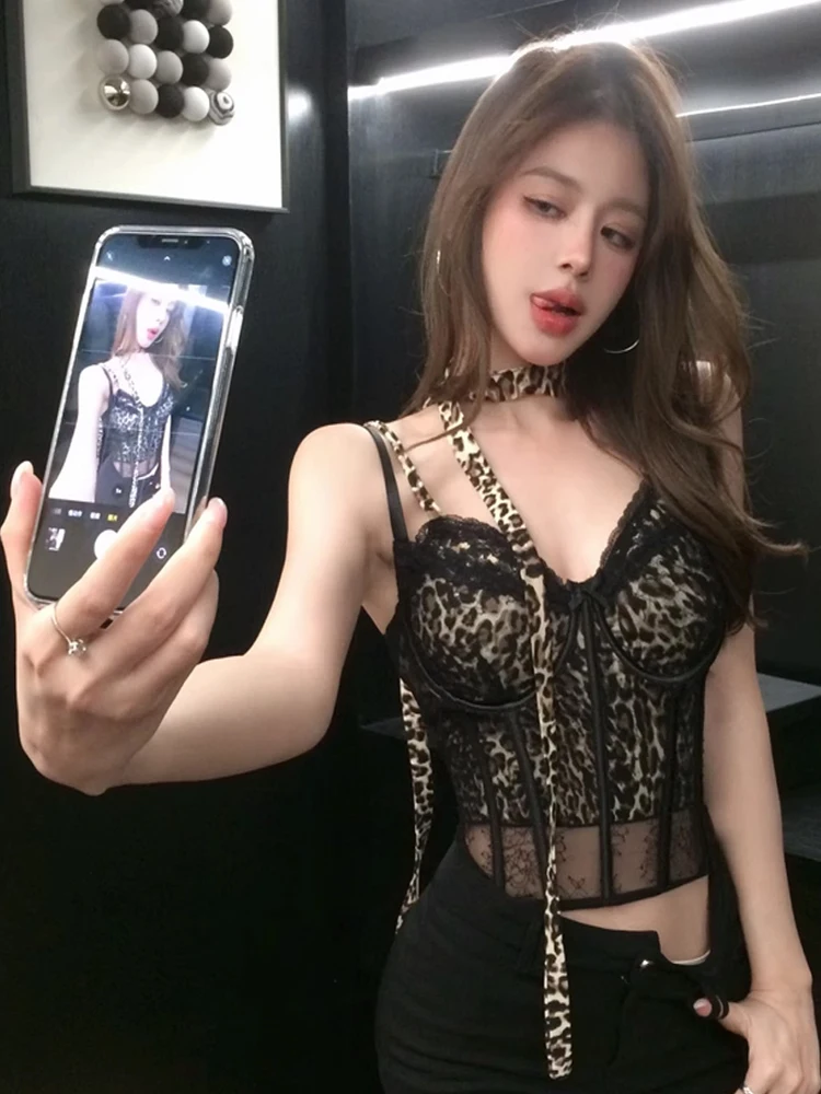 Sexy Low Cut Leopard Print Lace Patchwork Fishbone Bralette Short Pure Desire Slim Fit Mesh Fishnet Strapless Top for Women