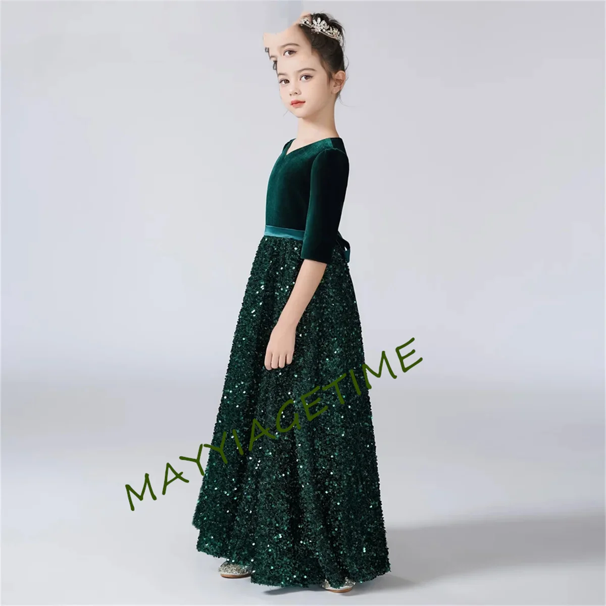 V-Neck Three-Quarter Sleeves Dress For Girl Sequins Shiny Flower Girl Dresses Kids Birthday Formal Princess Gowns