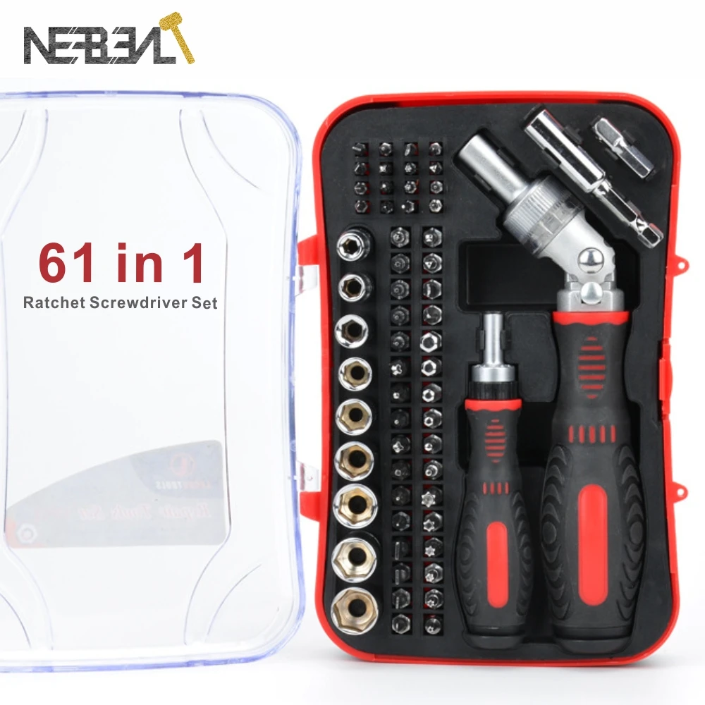 61pcs  Ratchet Allen Key Screwdriver Bit Heads Set Torx Hexagonal Hand Tools Socket With Plastic Storage Case