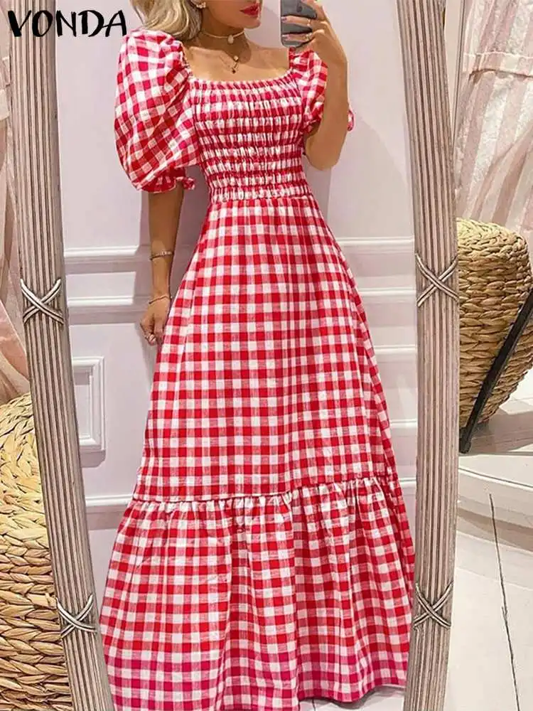 VONDA 2024 Summer Women Maxi Dress Casual Short Sleeve Square Collar Vintage Plaid Party Bohemian Vestidos Loose Long Sundress