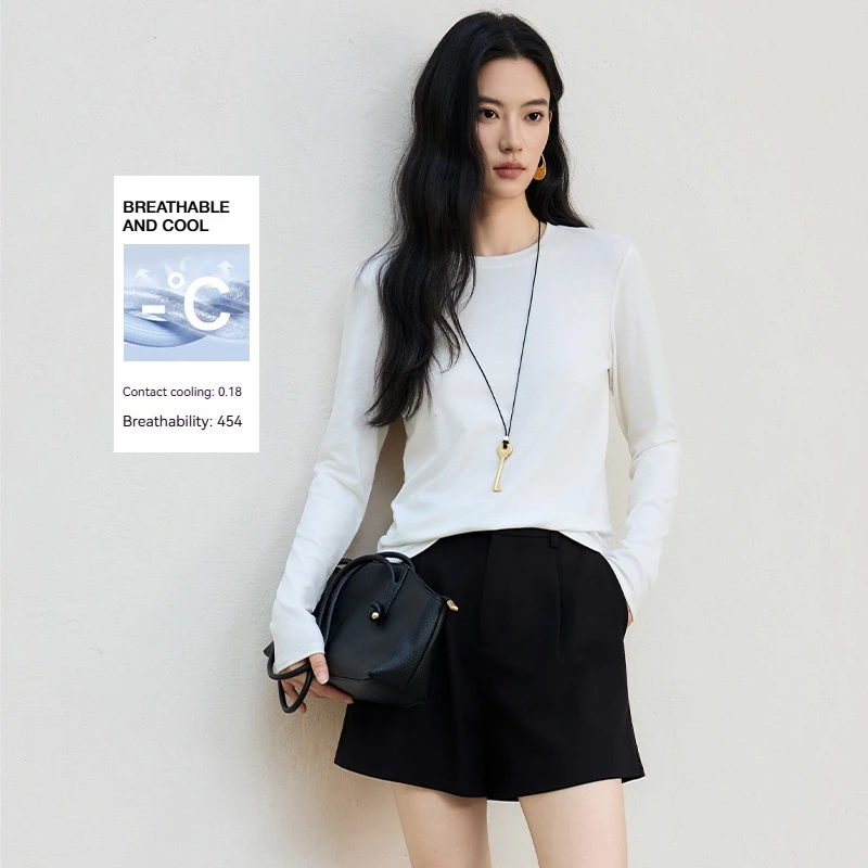 Premium Ice-Silk Linen Women Long Sleeve Tee Slub Melange Texture O-neck T-shirt Lyocell Cool Feeling Spring Summer Wear Tops