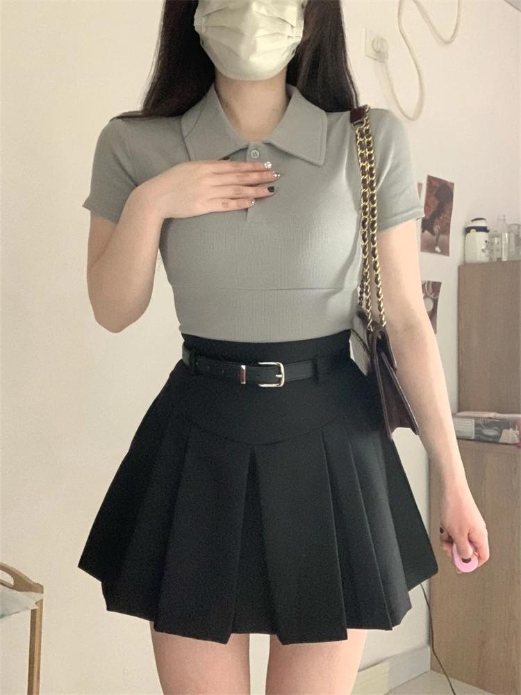 

Юбка с высокой талией в американском стиле для девушек, повседневная черная универсальная плиссированная короткая юбка А-силуэта для весеннего гардероба