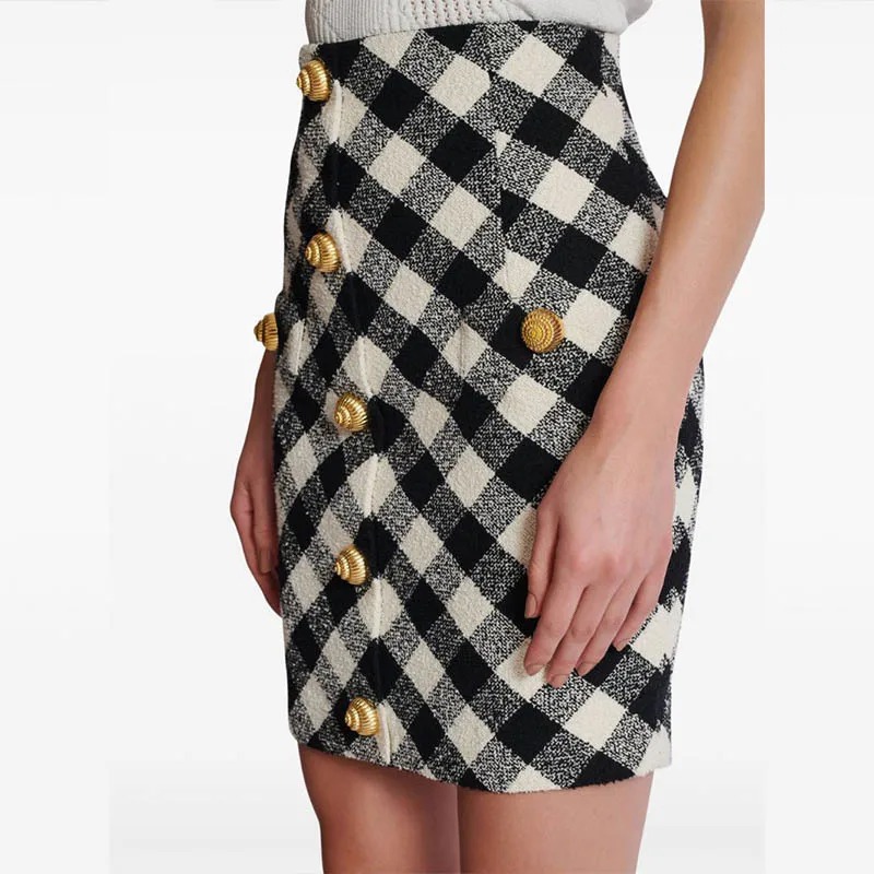 High Quality Women's Black And White Plaid A-line Skirts Classic High Waist Metal Button Zipper Mini Skirt Y2K Clothes New 24