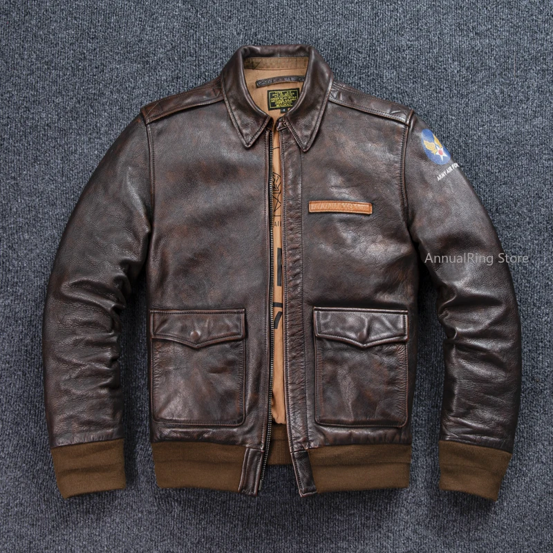 Bomber A-2 Style Genuine Leather Jacket Mens Luxury 1.6mm Thick Calf Coat Vintage Casual Heavy Leather Flight Suit