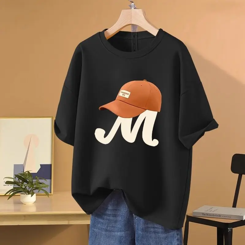 Summer Y2k Letter Printed O-neck T-shirt Women Clothing Vintage Short Sleeve Casual Loose Cotton Pullovers