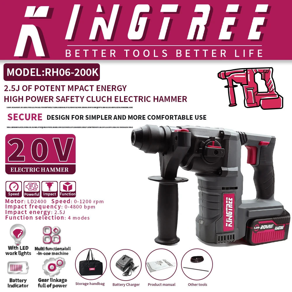 

Kingtree 20V Electric Hammer 4800bpm Cordless Rotary power tools Rechargeable 1200rpm Hammer Impact Drill for Home DIYS